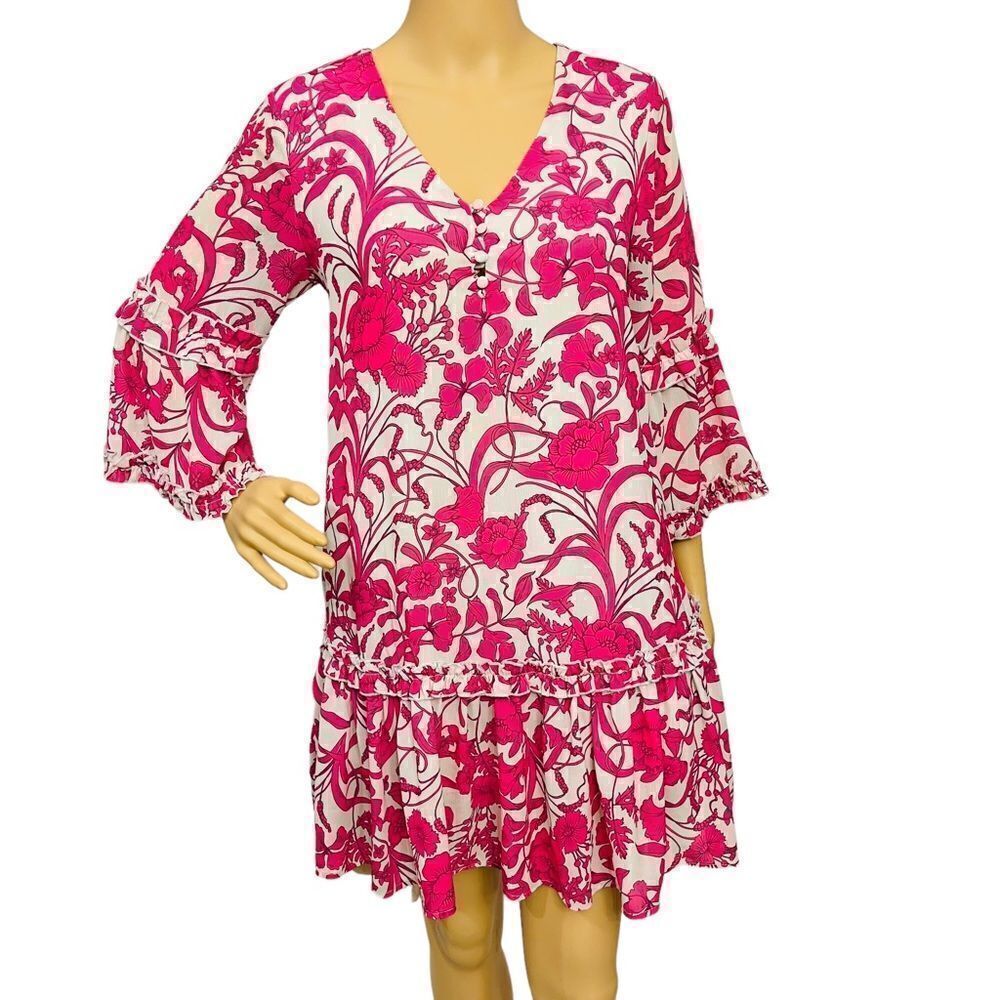 Flying Tomato Dress Fuchsia Floral Print Bell Sleeves Tiered Sz S
